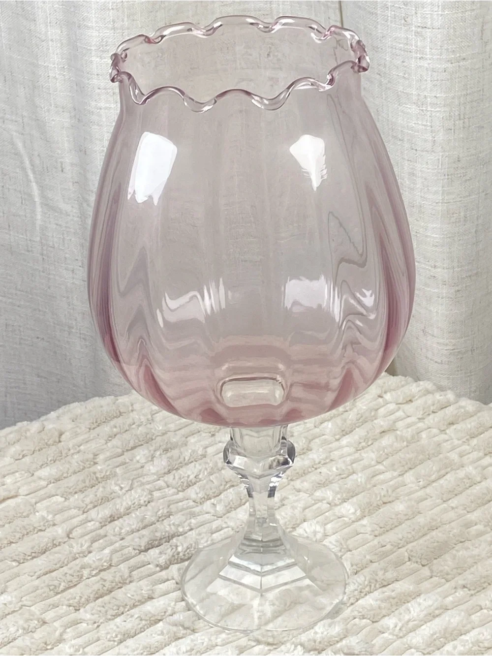 Vtg MCM Empoli Style Pink Optic Glass Goblet Vase Ruffled Brandy Snifter 11